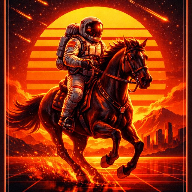 Космонавт верхом на коне — неоновый постер, оранжевая палитра