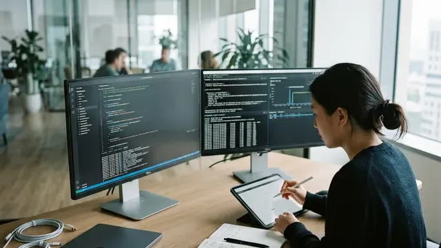 Рабочий стол с документацией, кодом на мониторах и планшетом для проверки API ИИ