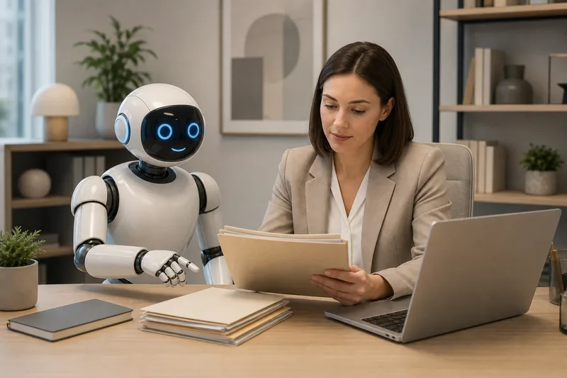 Офисный рабочий стол с символическим изображением AI-агента и цифровых инструкций
