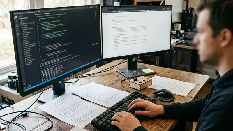Рабочее место с двумя мониторами, где тестируют фильтр для промптов Claude Code