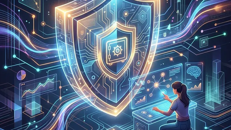 Абстрактная иллюстрация искусственного интеллекта с символом защиты и кибербезопасности