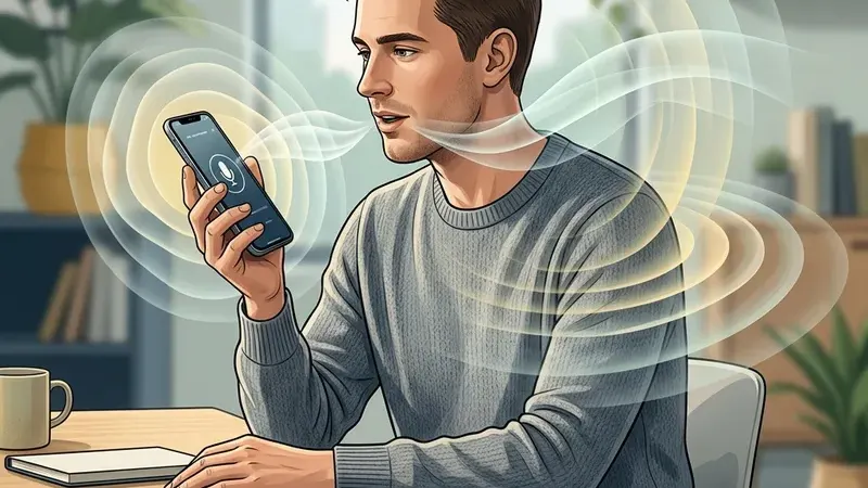 Человек использует голосовой ChatGPT на смартфоне, вокруг показаны звуковые волны