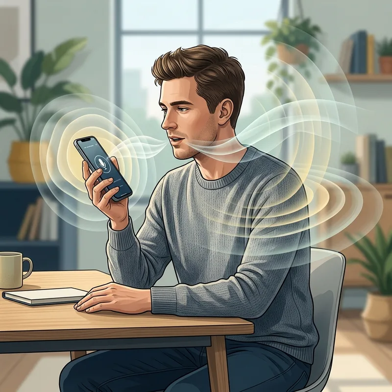 Человек использует голосовой ChatGPT на смартфоне, вокруг показаны звуковые волны