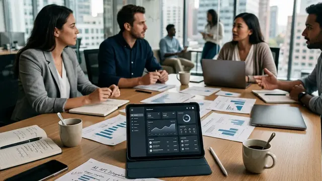 В переговорной на столе лежат распечатки с данными, планшет и рабочие заметки о запуске быстрого API для ИИ
