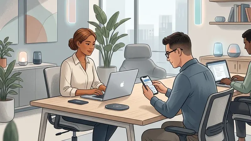 Люди работают с ноутбуком и смартфоном, рядом намёк на цифровые технологии