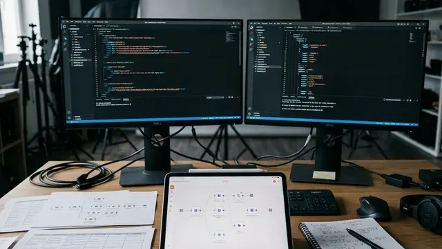 Схема мониторинга объявлений и код n8n на рабочем столе с распечатками