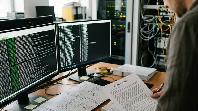 Документальная сцена с отчетом об инциденте, сетевой схемой и мониторами с DNS-логами в лаборатории безопасности