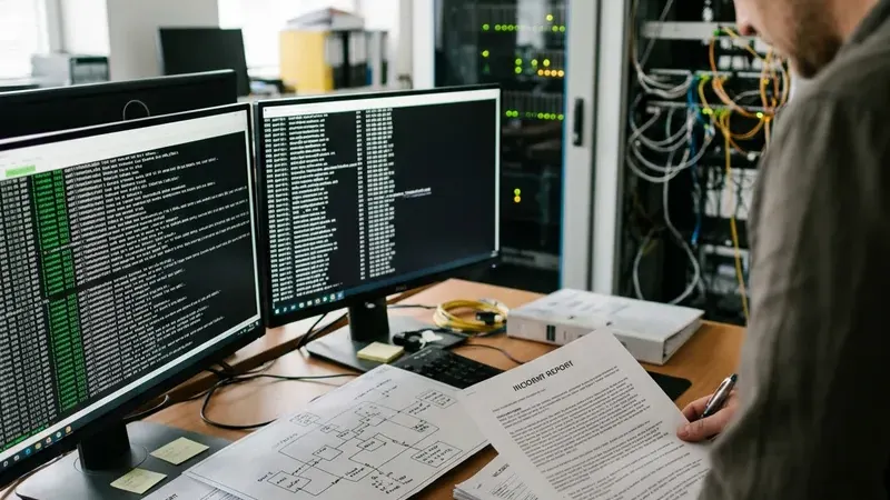 Документальная сцена с отчетом об инциденте, сетевой схемой и мониторами с DNS-логами в лаборатории безопасности