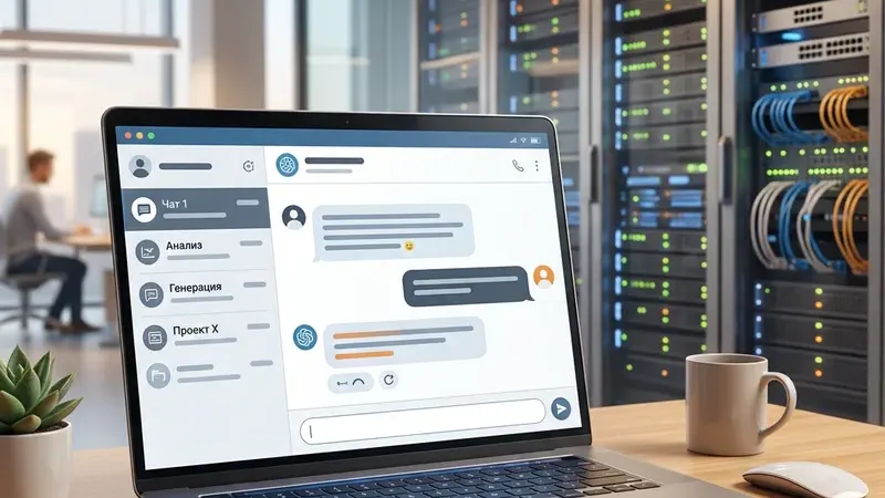 Ноутбук с веб-интерфейсом истории ИИ-диалогов на фоне серверной инфраструктуры