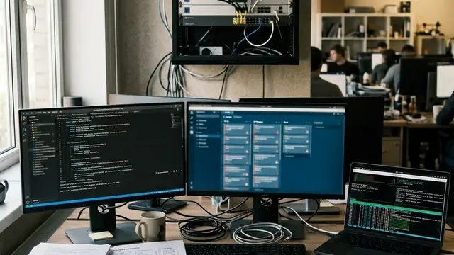 Рабочее место разработчика с двумя мониторами, кодом и планом задач для Claude Code