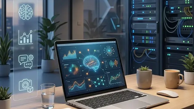 Рабочее место с ноутбуком и символами AI-инструментов