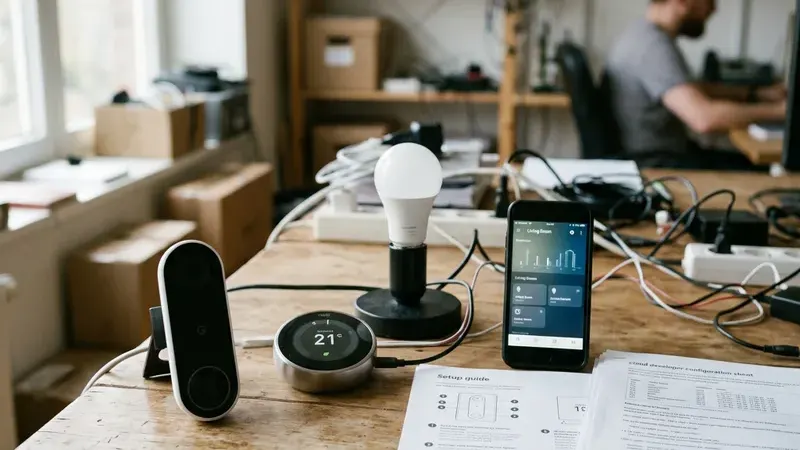 Умные устройства Google Home и смартфон с настройкой подключения к ИИ-агенту