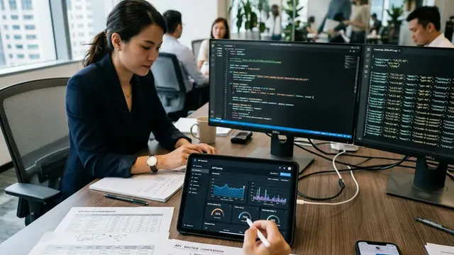 Стол с распечатками, планшетом и двумя мониторами с кодом для проверки API-роутеров