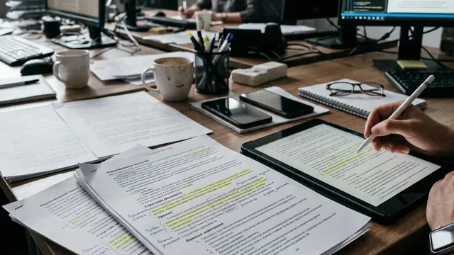 Распечатки рабочих текстов и планшет для редактирования черновиков, созданных нейросетями