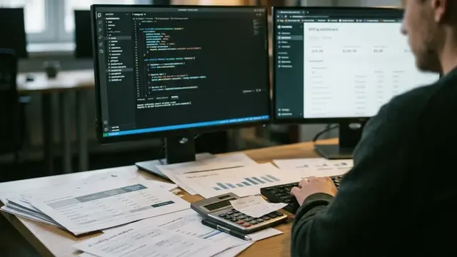 На столе лежат распечатки с расчётом стоимости AI-агента, рядом калькулятор и два монитора с кодом и цифрами