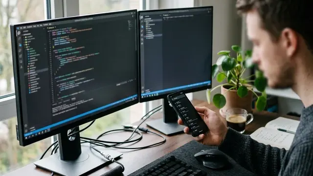Смартфон и рабочее место с кодом, где проверяют настройки Claude