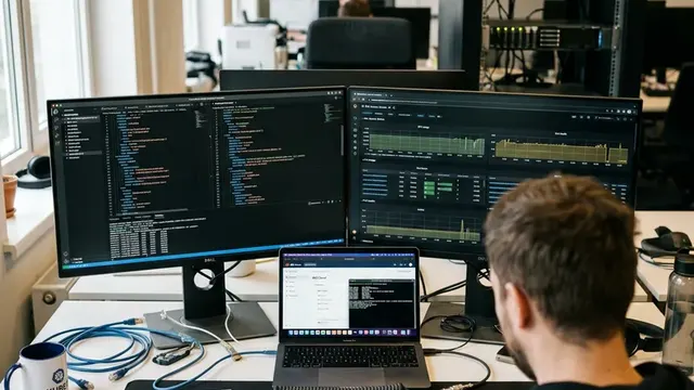 Клиент Kubernetes Sextant на рабочих мониторах рядом с заметками и серверным оборудованием