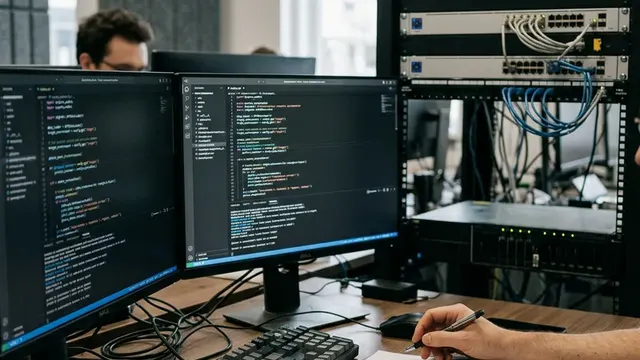 Стол разработчика с кодом на двух мониторах и заметками по миграции модели Claude
