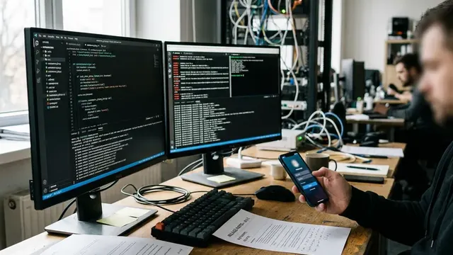 Рабочее место разработчика с двумя мониторами, распечатками и смартфоном на фоне серверного оборудования