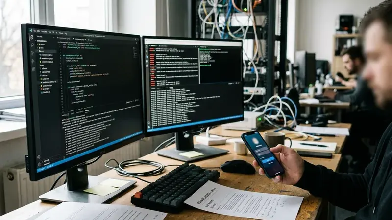 Рабочее место разработчика с двумя мониторами, распечатками и смартфоном на фоне серверного оборудования