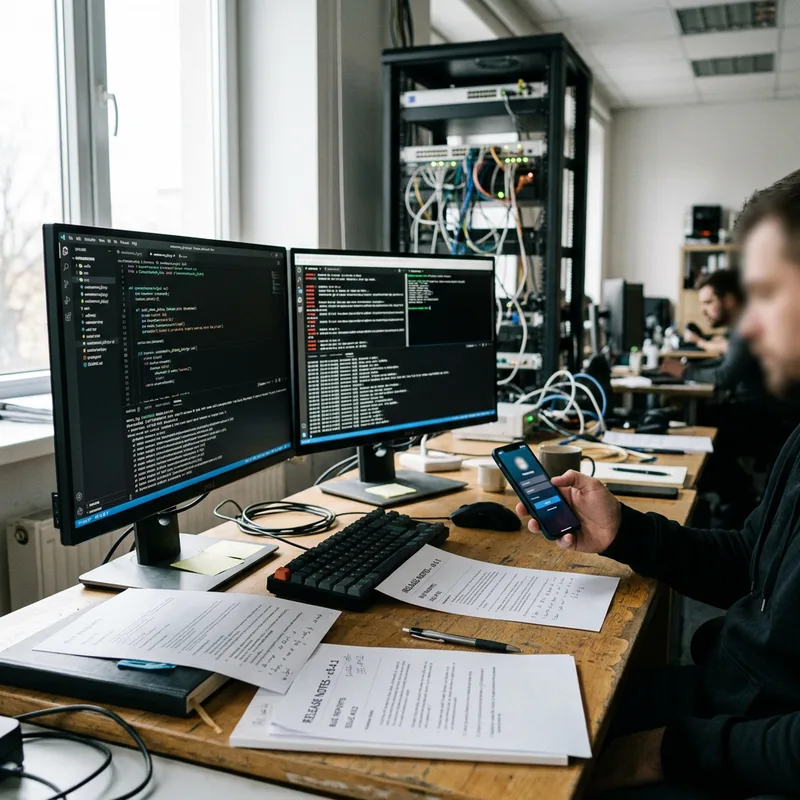 Рабочее место разработчика с двумя мониторами, распечатками и смартфоном на фоне серверного оборудования