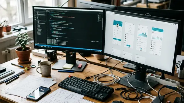 Рабочее место с двумя мониторами, кодом и телефоном для разработки фитнес-приложения