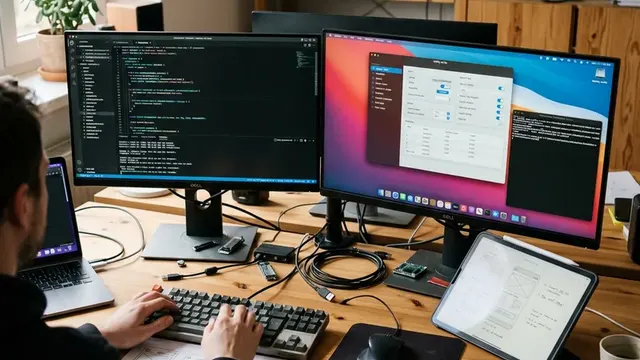 Рабочее место с двумя мониторами, кодом и материалами для сборки macOS-приложения