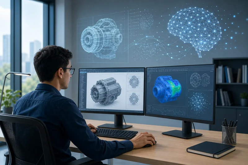 Инженер работает с CAD-системой, рядом показана абстрактная AI-модель для выбора правильного метода