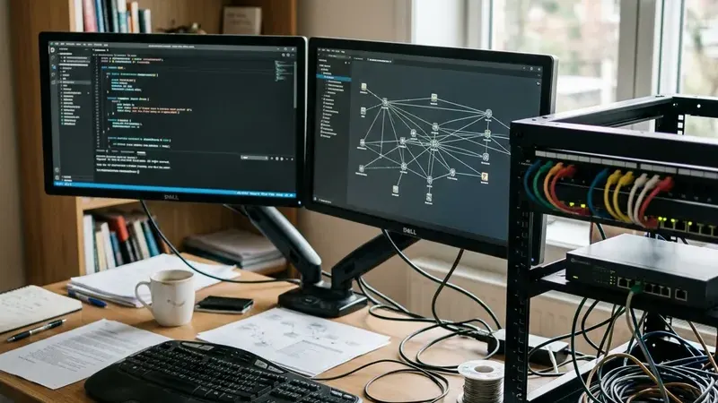 Рабочее место разработчика с кодом на двух мониторах и сетевым оборудованием