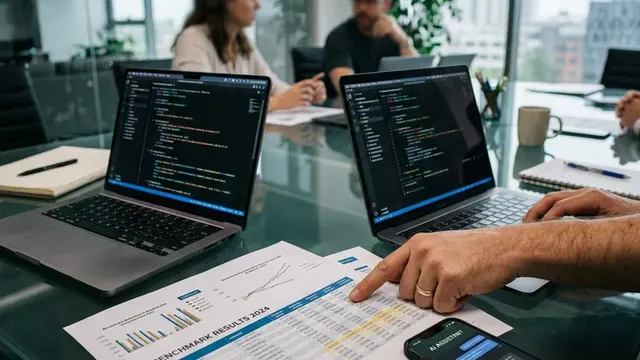 Печатные таблицы с бенчмарками, открытый код на двух мониторах и смартфон с ИИ-приложением на столе