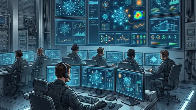 Защищённый центр с экранами, на которых показаны интерфейсы ИИ