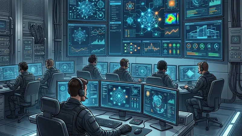 Защищённый центр с экранами, на которых показаны интерфейсы ИИ
