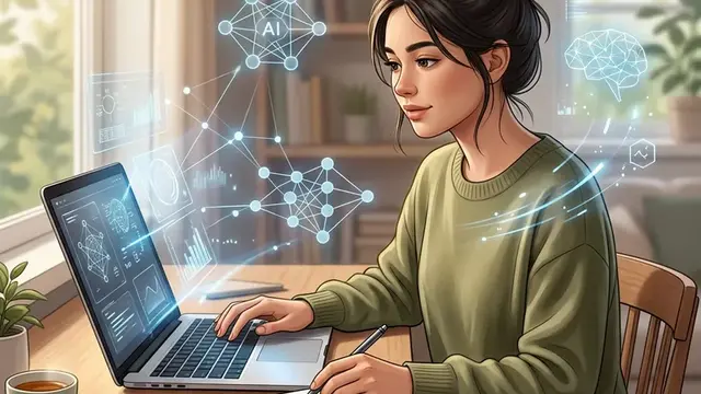 Студент использует ИИ-инструменты для учёбы за ноутбуком