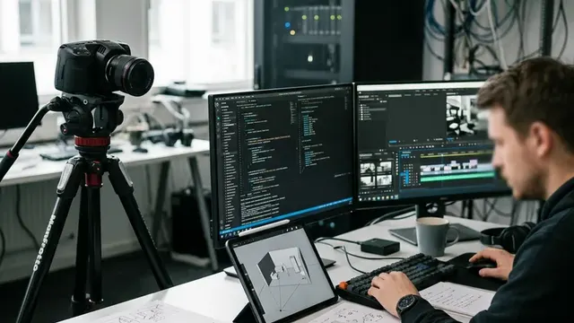 Работа с 3D-сценой и видео в студии: планшет, раскадровка, камера и мониторы с кодом