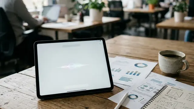 iPad со стилусом и рабочими материалами на столе в офисе