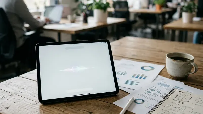 iPad со стилусом и рабочими материалами на столе в офисе