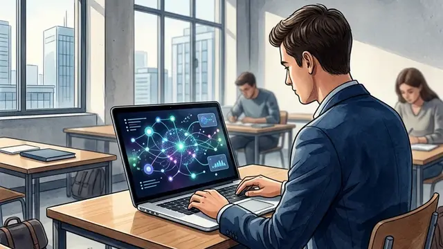 Экзаменационная аудитория и ноутбук с абстрактным интерфейсом ИИ