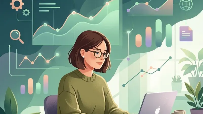 Человек работает за ноутбуком на фоне абстрактных графиков и цифровых элементов, связанных с ИИ