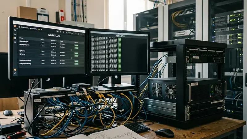 Рабочее место с локальным сервером, мониторами и схемой автоматизации n8n