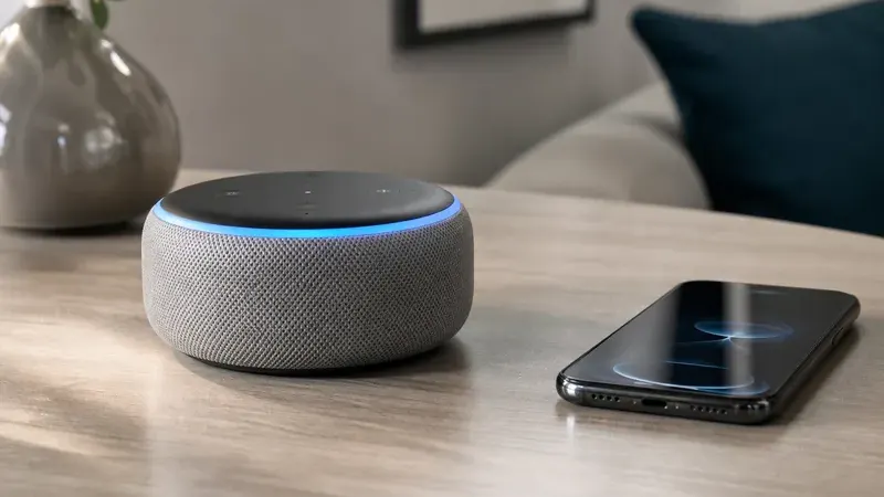 Умное голосовое устройство на столе рядом со смартфоном