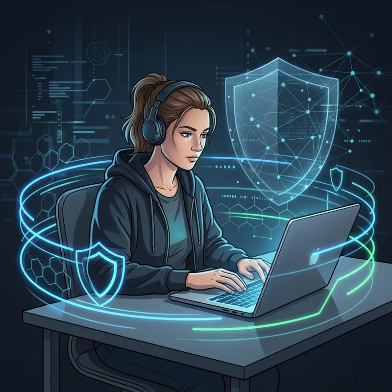 Специалист по кибербезопасности работает с ИИ-инструментом для анализа защиты систем