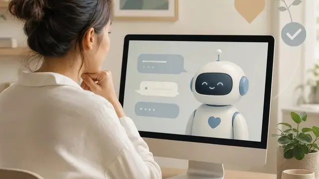Человек использует чат-бота на экране, тема безопасного и заботливого ИИ