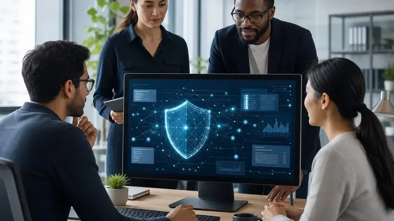 Офисная сцена с экраном, на котором показан интерфейс искусственного интеллекта