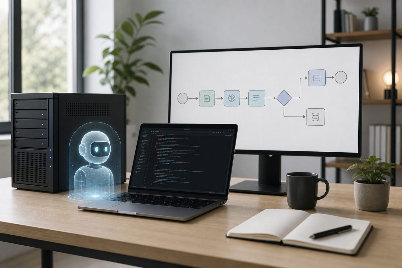 Рабочая схема AI-агента для разработки SaaS на экране ноутбука