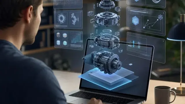 Человек за ноутбуком, на экране которого собирается 3D-симулятор в интерфейсе ИИ