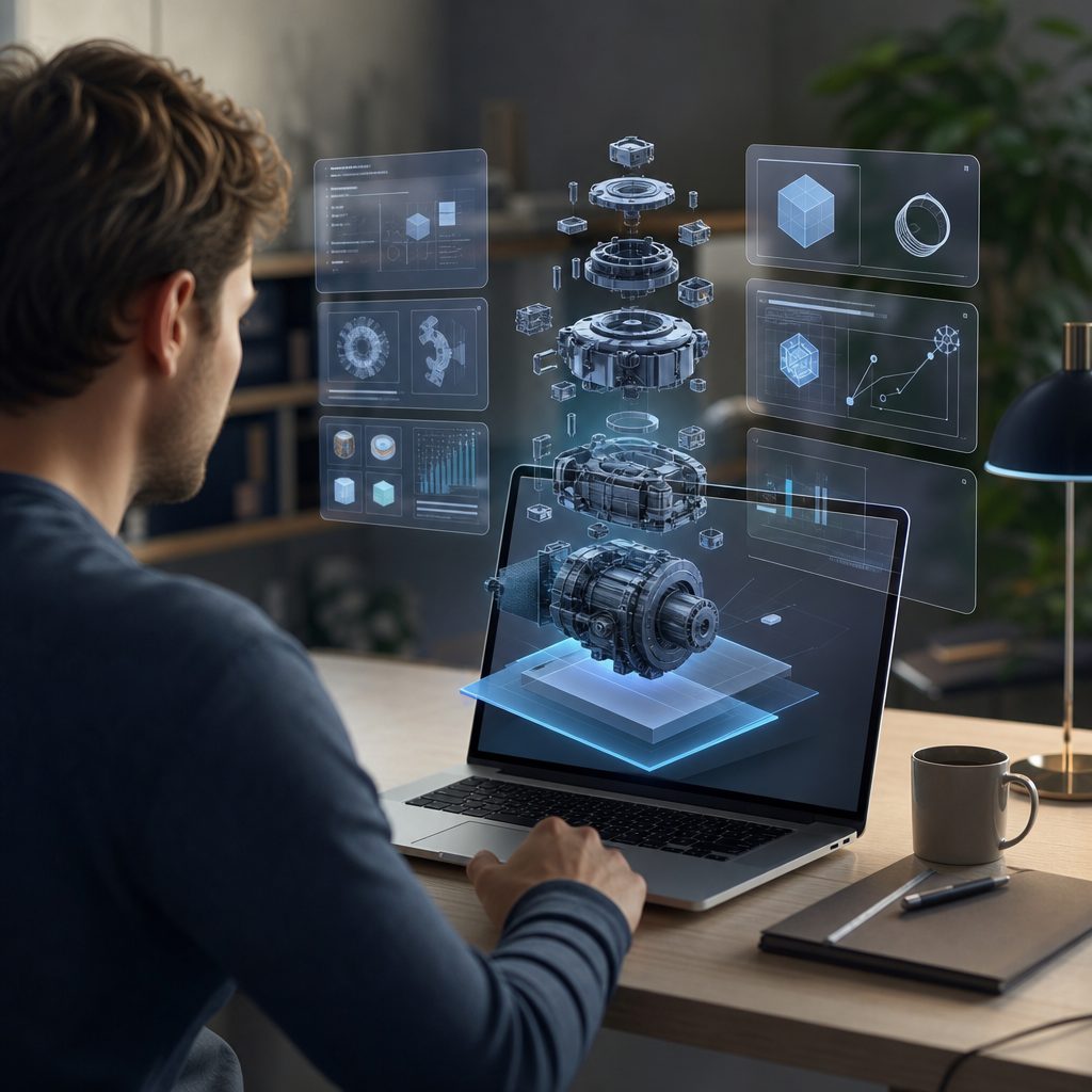 Человек за ноутбуком, на экране которого собирается 3D-симулятор в интерфейсе ИИ