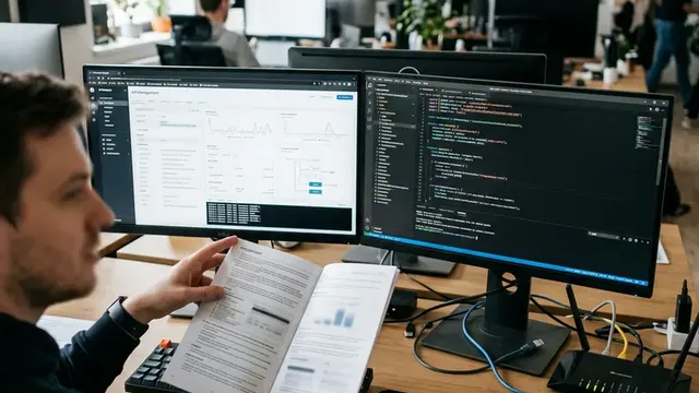 Настройка облачной AI-платформы: два монитора, код, инструкция и сетевое оборудование
