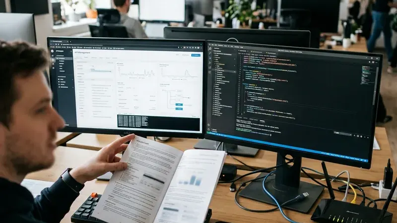 Настройка облачной AI-платформы: два монитора, код, инструкция и сетевое оборудование