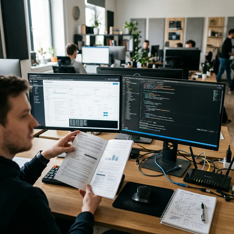 Настройка облачной AI-платформы: два монитора, код, инструкция и сетевое оборудование
