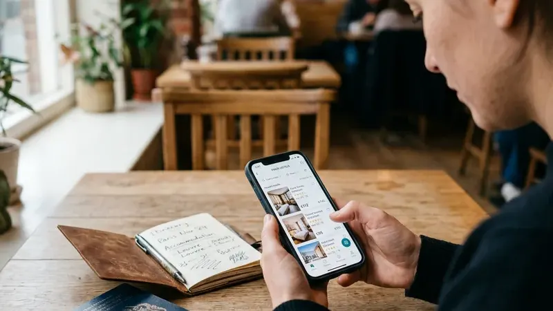 Рука листает варианты отелей в ChatGPT на смартфоне в кафе